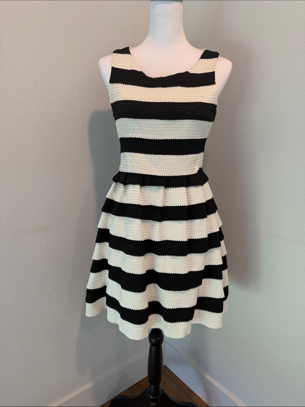 Sleeveless Black and White Striped Fit-and-Flare Dress